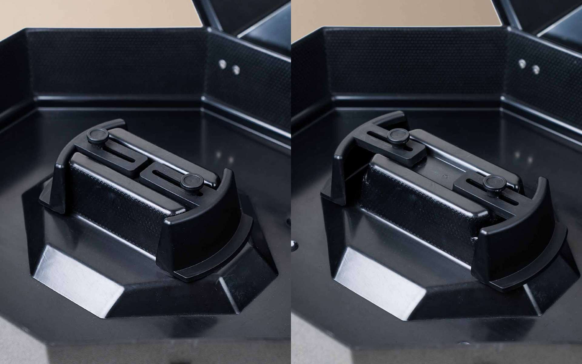 Adjustable internal bracket holding a hat crown securely inside the Mavericrest case